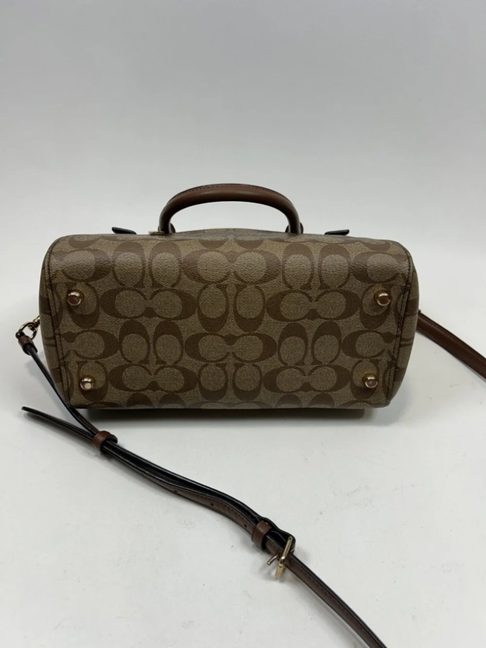 COACH Rowan Satchel in Khaki/Saddle Signature Coated Canvas Crossbody Strap